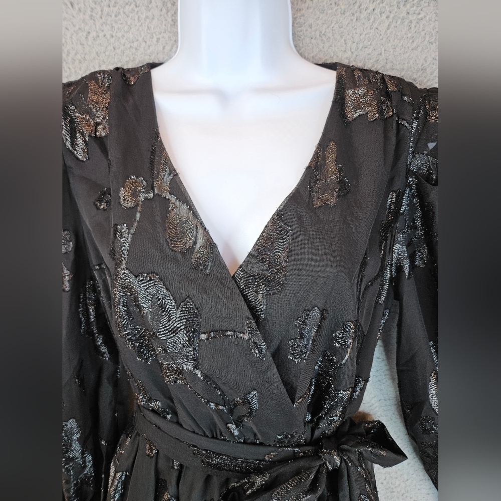 Blu Pepper Womens Black With Shimmer Roses Chiffon Mini Dress Sz M Cocktail* - Picture 7 of 15